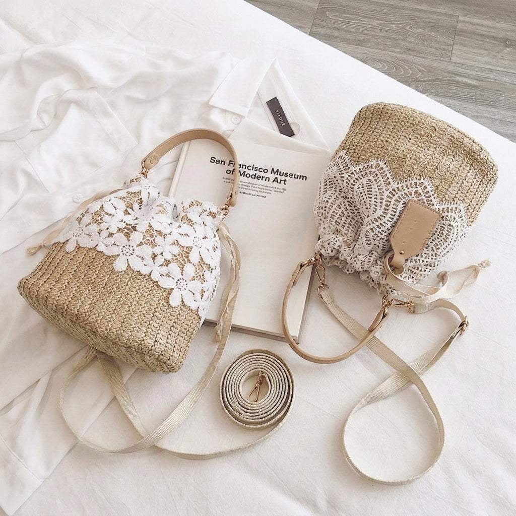 Sun-Kissed Floral Lace Straw Bucket Bag