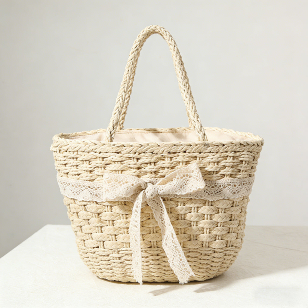 Boho-Chic Woven Straw Tote with Lace Bow