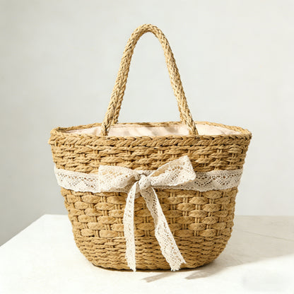 Boho-Chic Woven Straw Tote with Lace Bow