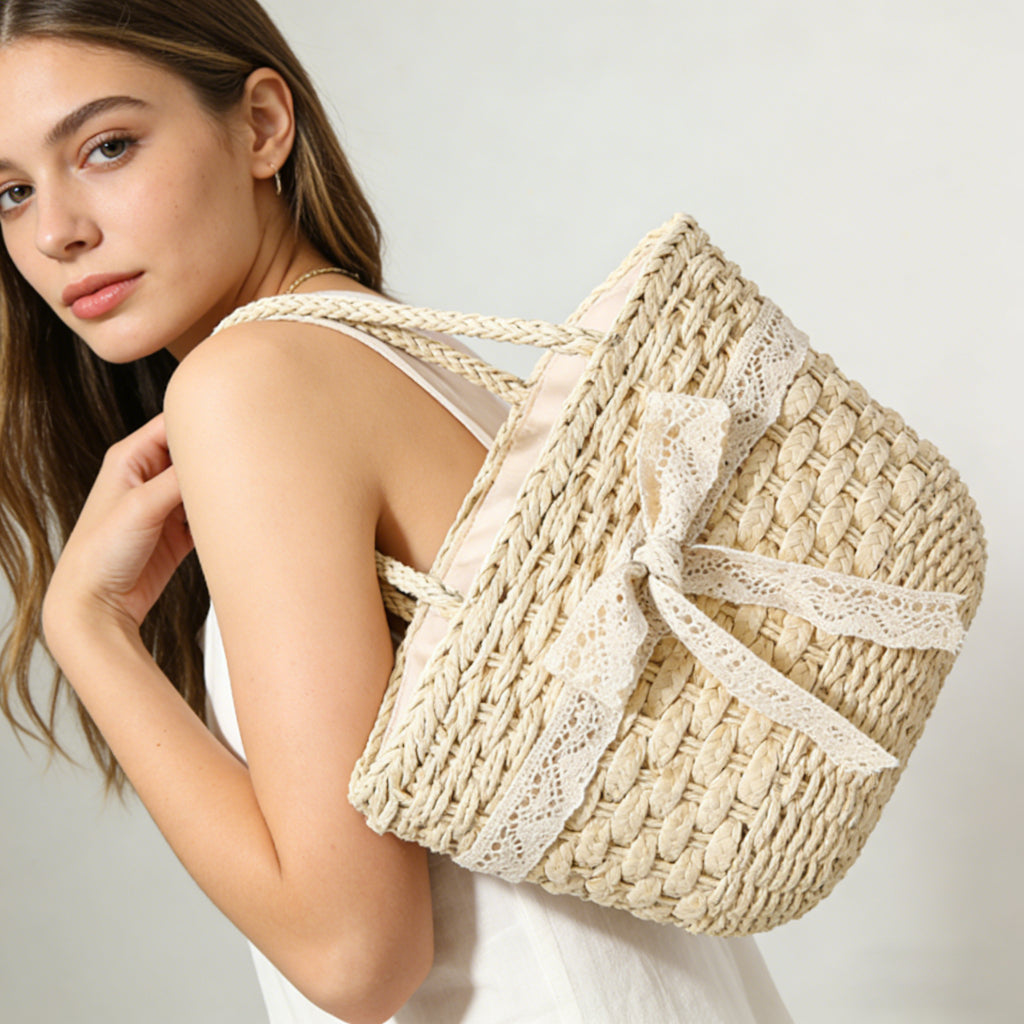 Boho-Chic Woven Straw Tote with Lace Bow