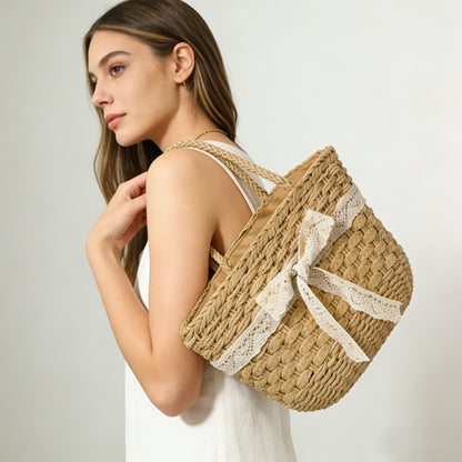 Boho-Chic Woven Straw Tote with Lace Bow