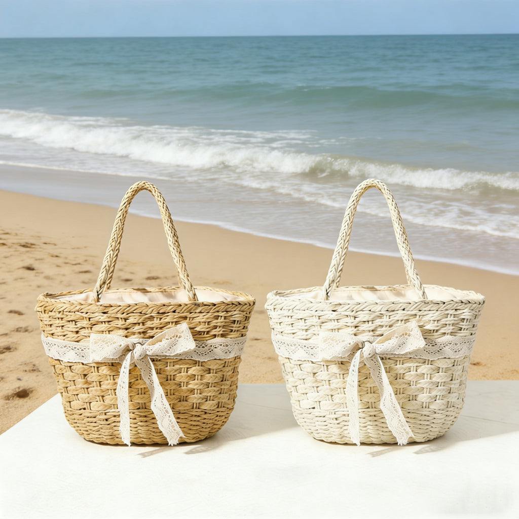 Boho-Chic Woven Straw Tote with Lace Bow