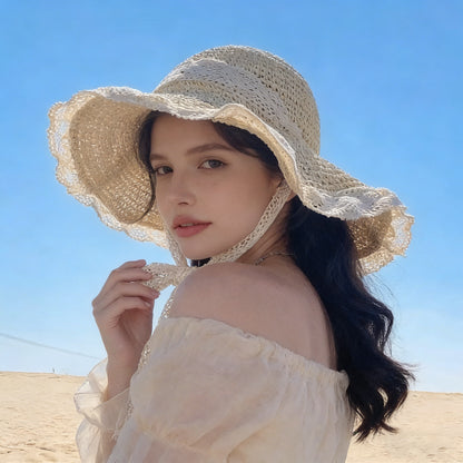 French-Inspired Woven Straw Beach Hat with Lace Tie