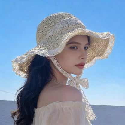 French-Inspired Woven Straw Beach Hat with Lace Tie