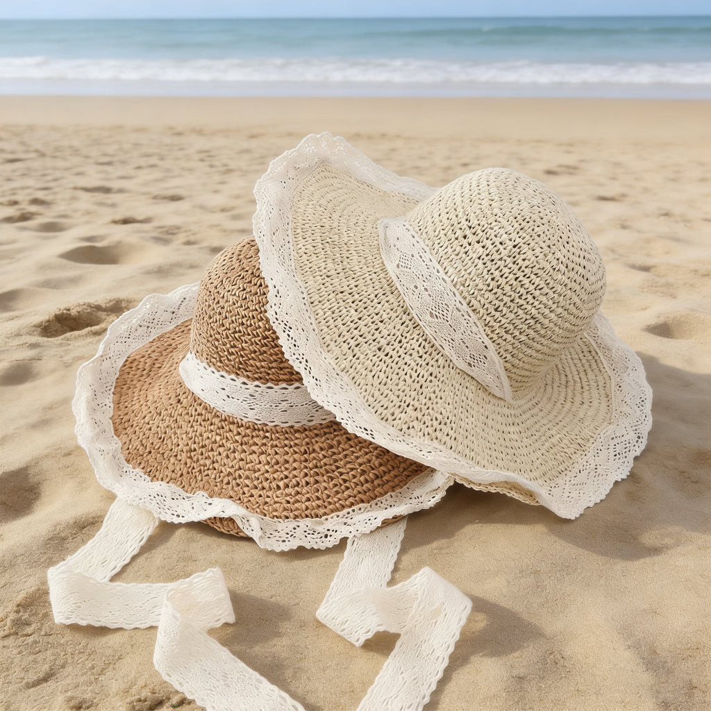 French-Inspired Woven Straw Beach Hat with Lace Tie