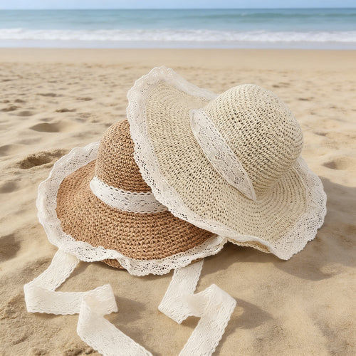 French-Inspired Woven Straw Beach Hat with Lace Tie
