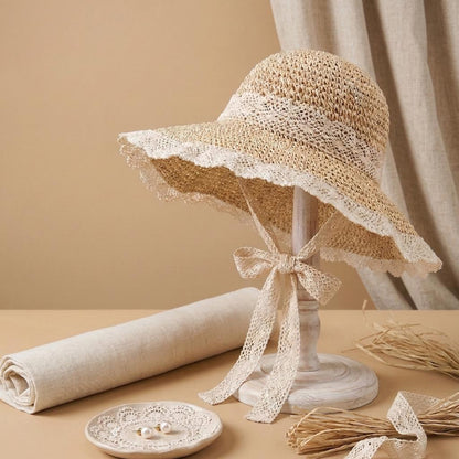 French-Inspired Woven Straw Beach Hat with Lace Tie