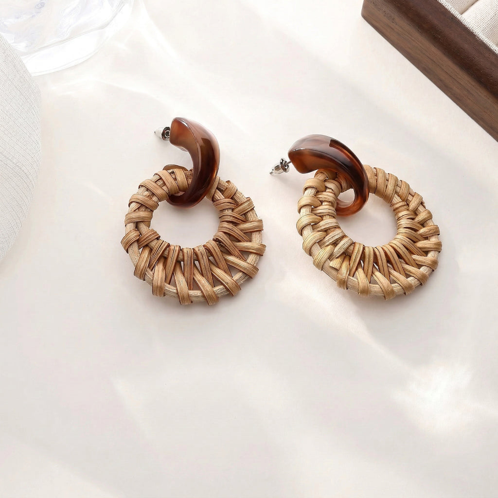 Boho-Chic Rattan & Resin Statement Earrings
