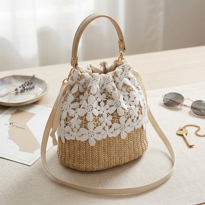 Sun-Kissed Floral Lace Straw Bucket Bag