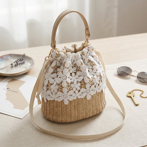Sun-Kissed Floral Lace Straw Bucket Bag
