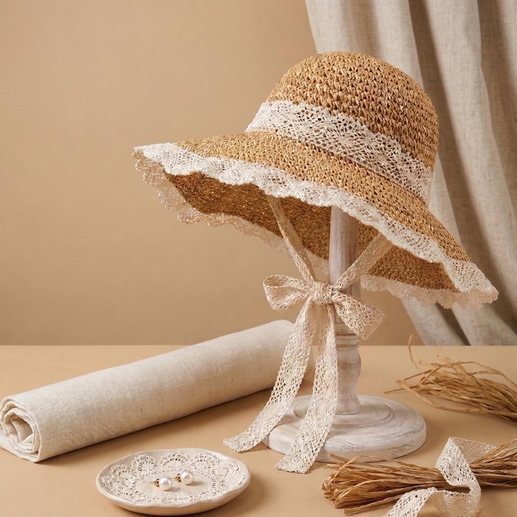 French-Inspired Woven Straw Beach Hat with Lace Tie