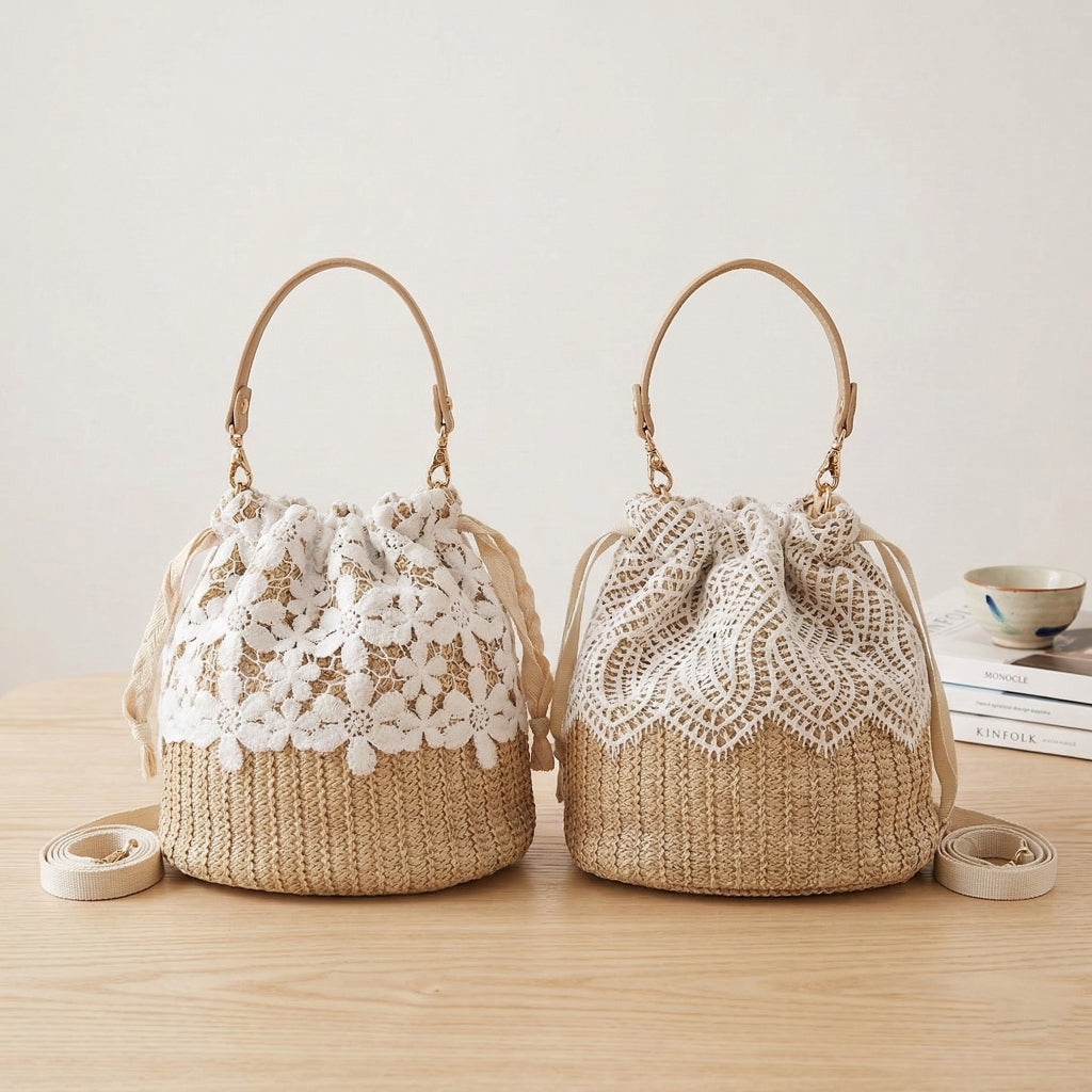 Sun-Kissed Floral Lace Straw Bucket Bag