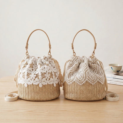 Sun-Kissed Floral Lace Straw Bucket Bag