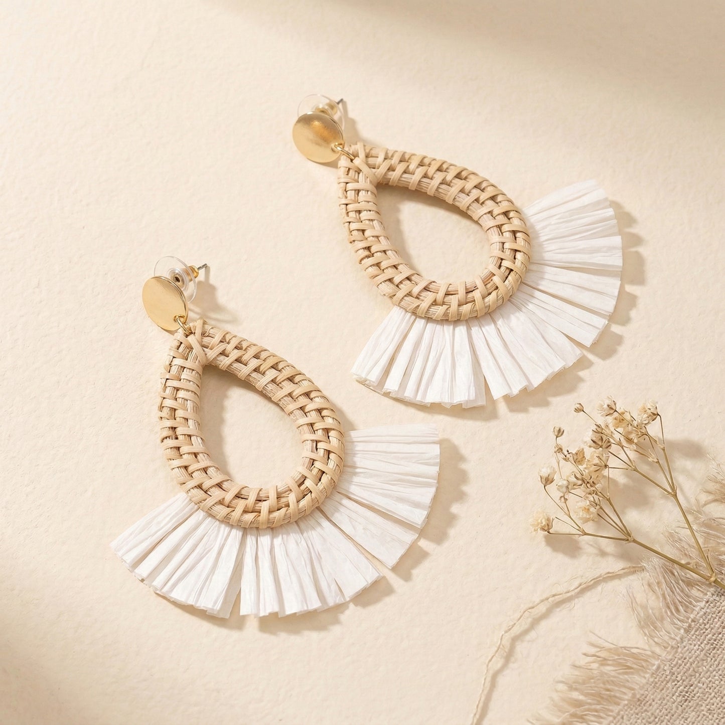 Bohemian Rattan Fringed Fan Statement Earrings