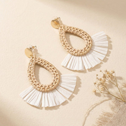 Bohemian Rattan Fringed Fan Statement Earrings