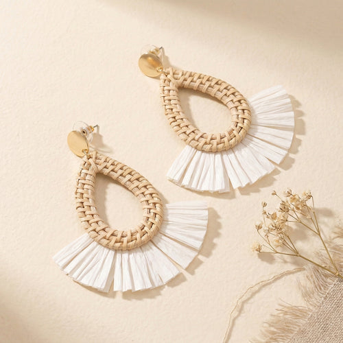 Bohemian Rattan Fringed Fan Statement Earrings