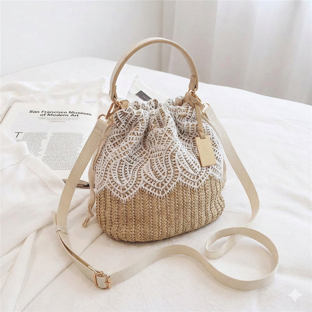 Sun-Kissed Floral Lace Straw Bucket Bag