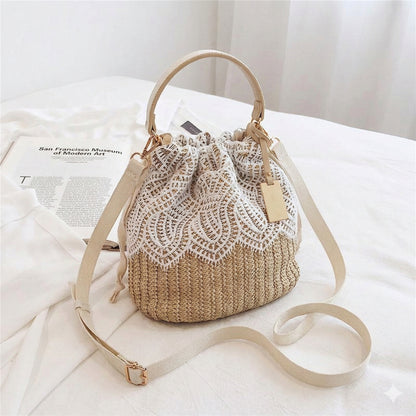 Sun-Kissed Floral Lace Straw Bucket Bag