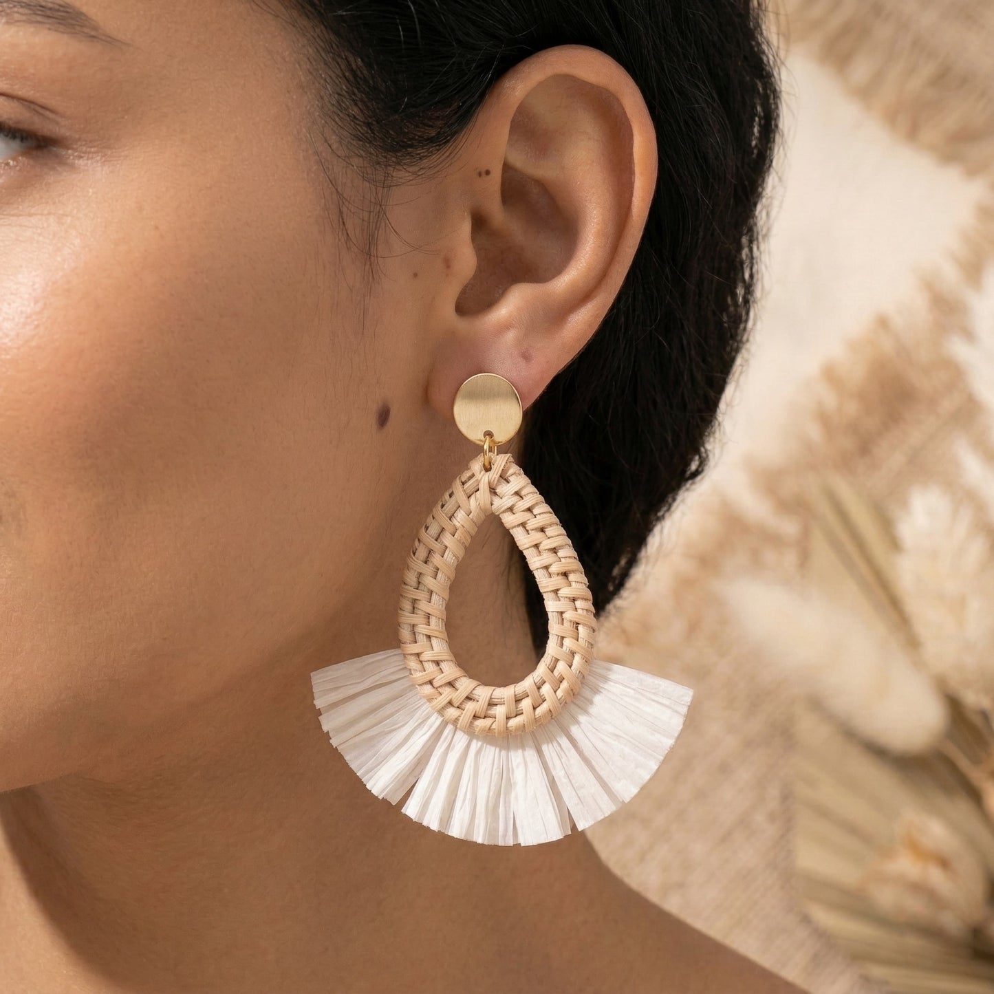 Bohemian Rattan Fringed Fan Statement Earrings