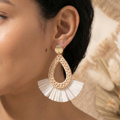 Bohemian Rattan Fringed Fan Statement Earrings