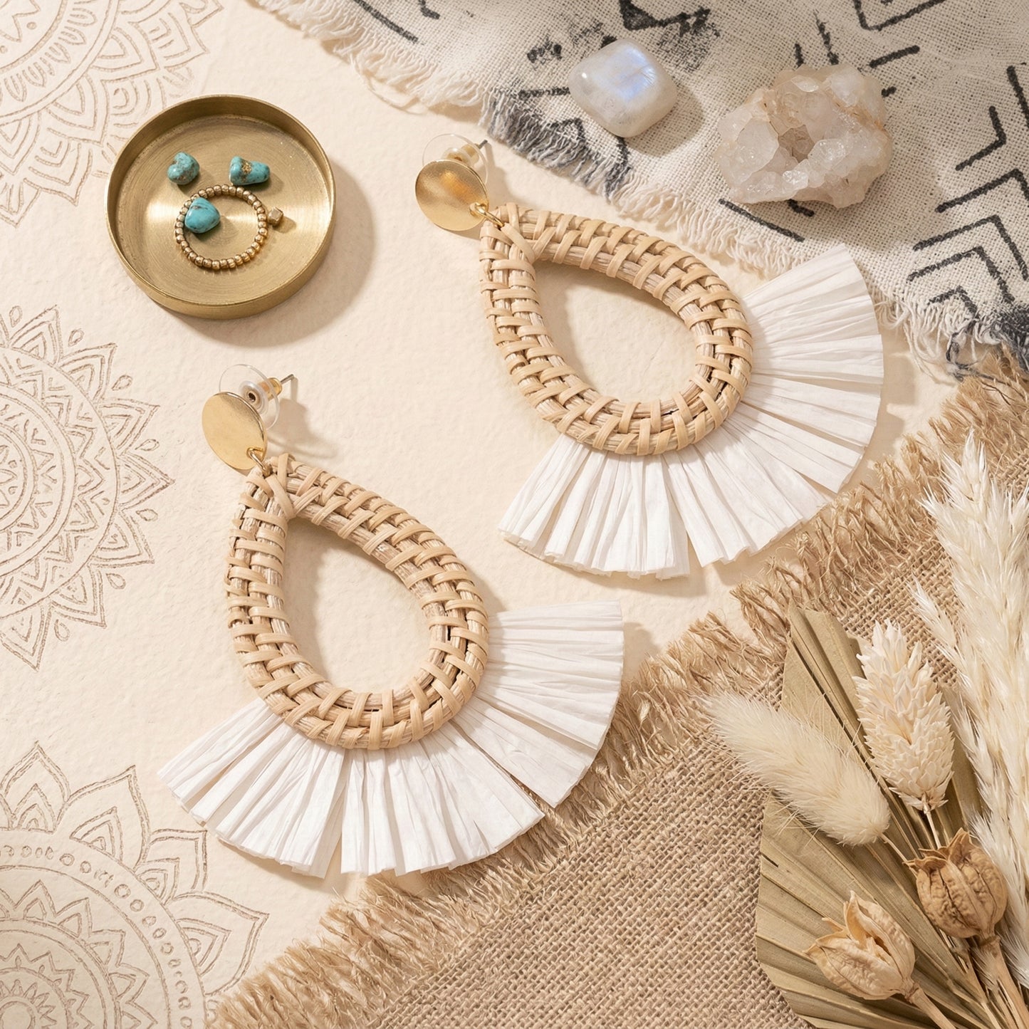 Bohemian Rattan Fringed Fan Statement Earrings