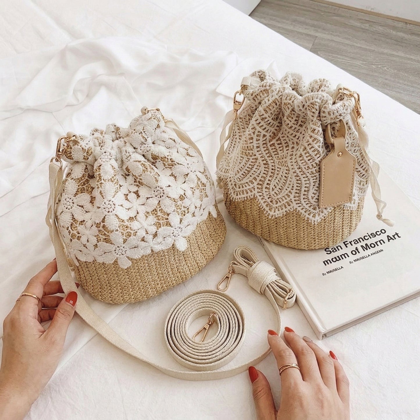 Sun-Kissed Floral Lace Straw Bucket Bag